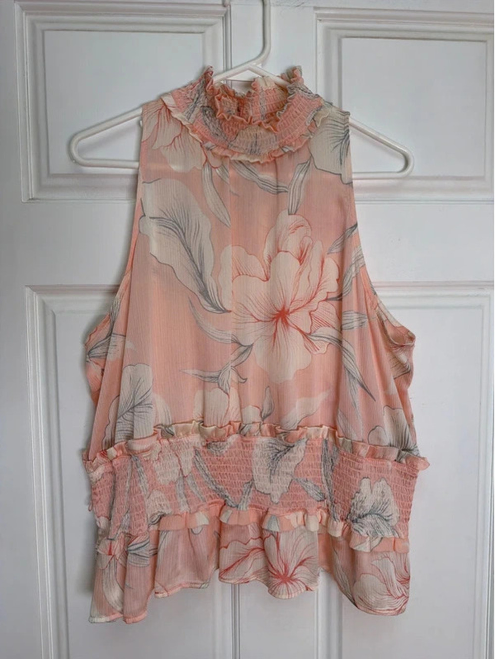Ryegrass Coral Smocked Floral Ruffle Top